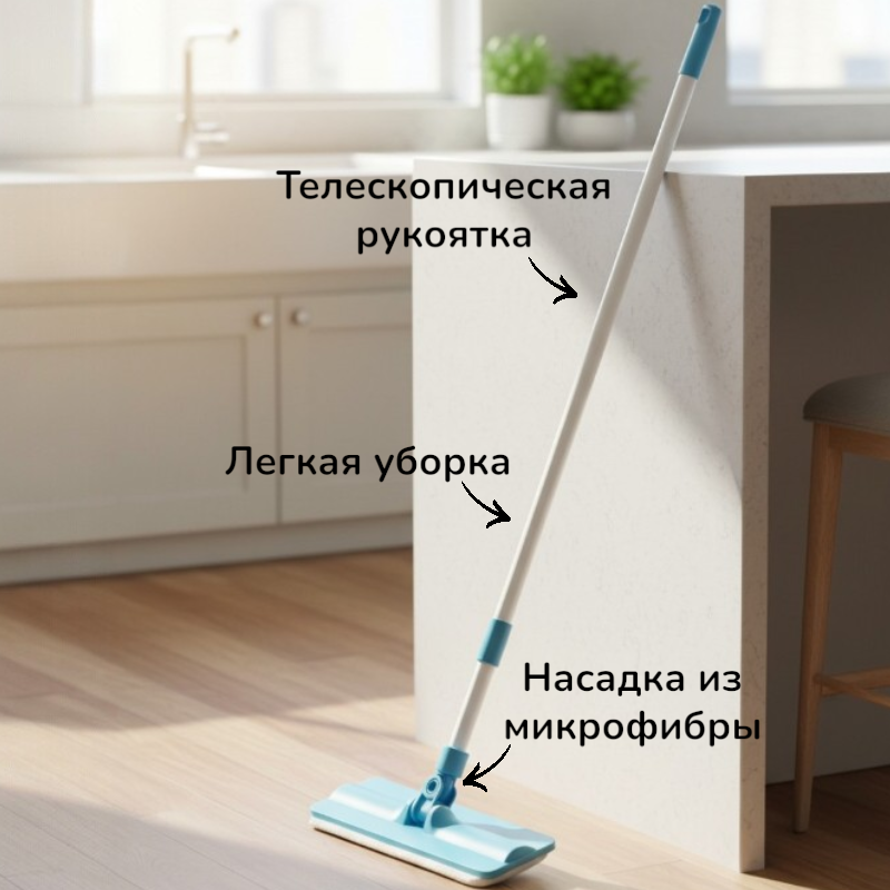 Швабра плоская М1 на липучках голубая
