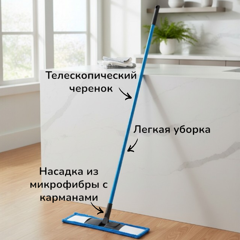 Швабра плоская с насадкой из микрофибры 43*13см.ручка 114см.Диско