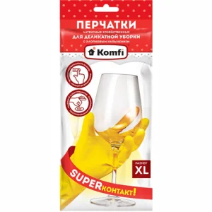 Перчатки латексные Komfi с х/б напылением желтые Для деликатной уборки р-р XL