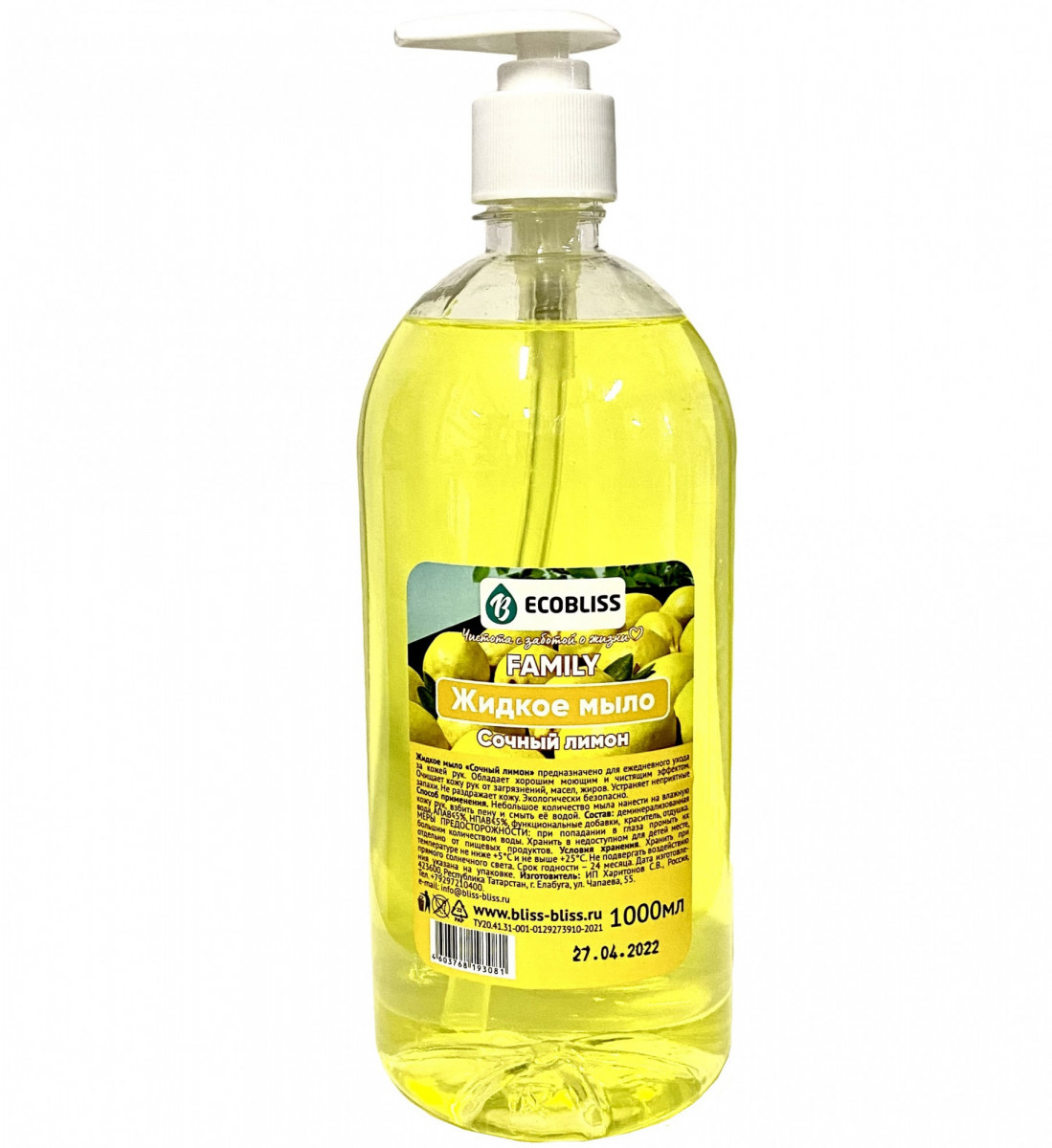 Мыло жидкое Ecobliss Family 1000мл Лимон (дозатор) 1/10