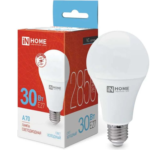 Лампа светодиодная Е27 30W холодный свет 6500К A70 IN HOME /57 571/