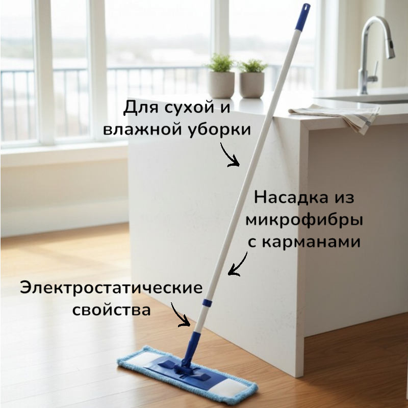 Швабра плоская с насадкой из микрофибры 39,5*9см с карманами MopM3  Рыжий Кот /310415 1/12