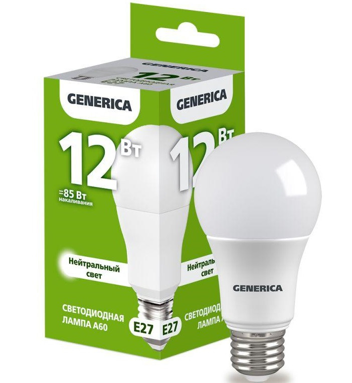 Лампа светодиодная Е27 12W нейтральный свет 4000К А60 GENERICA (1647599)