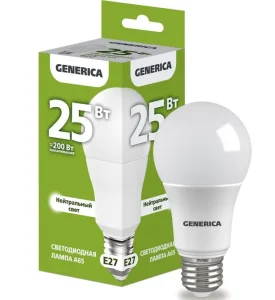 Лампа светодиодная Е27 25W нейтральный свет 4000К A65 Generica LL-A65-25-230-40-E27-G (1647608)