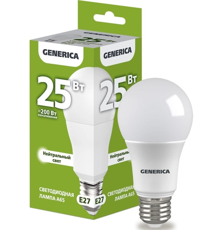 Лампа светодиодная Е27 25W нейтральный свет 4000К A65 Generica LL-A65-25-230-40-E27-G (1647608)