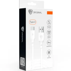 Кабель USB для зарядки Type-C, 1,0м 3A Эко прорезиненный, белый, быстрая зарядка (931-545)