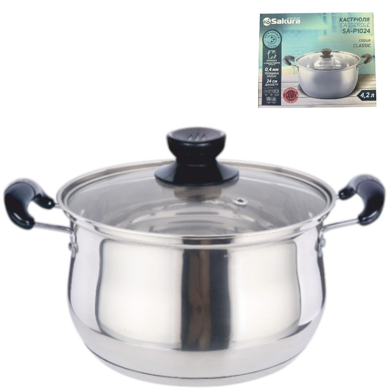 Кастрюля нерж  4,2л 24см стекл.крышка, индукция SAKURA CLASSIC SA-P1024