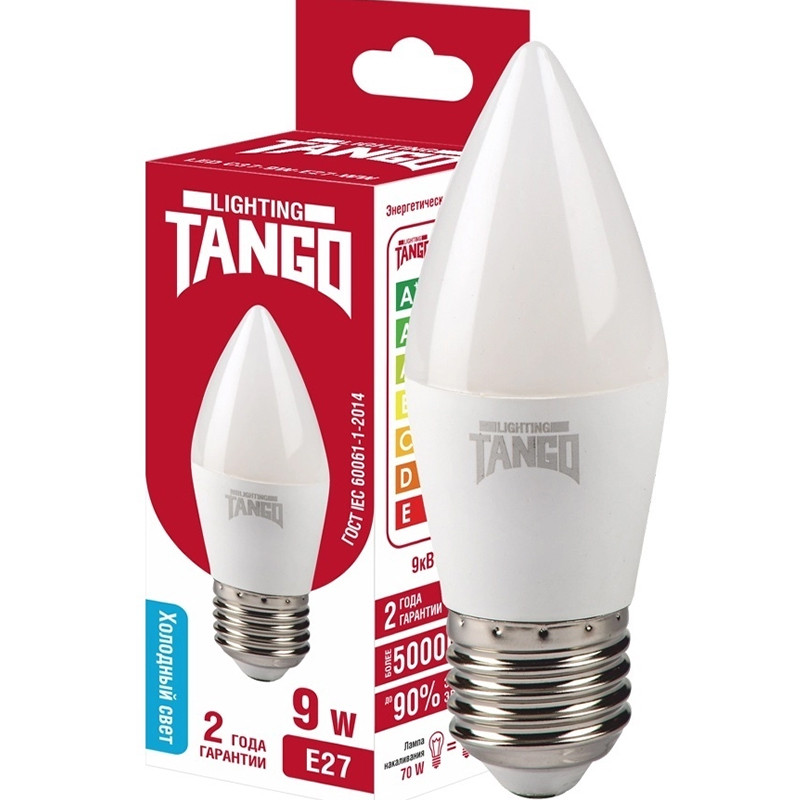 Лампа светодиодная свеча Е27  9W холодный свет 6500K TANGO C37 WW (1003952)