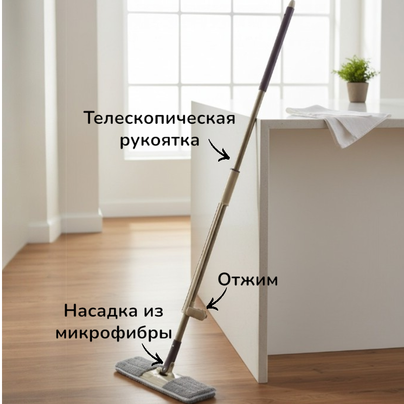 Швабра плоская с насадкой из микрофибры 33*11см самоотжимная WRING 004654 1/12