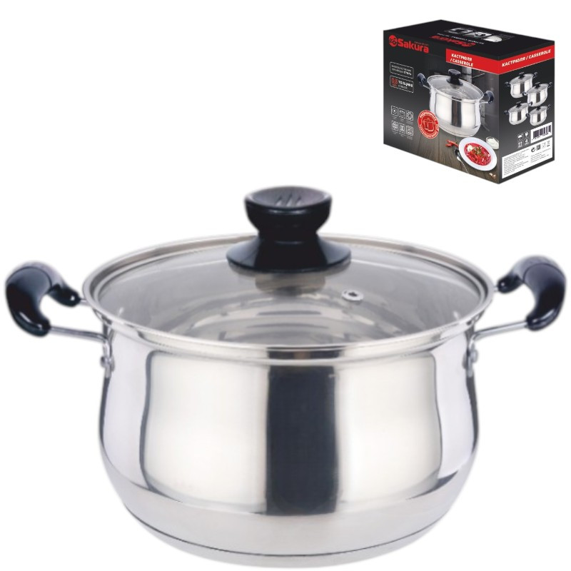 Кастрюля нерж  2,4л 20см стекл.крышка, индукция SAKURA CLASSIC SA-P1020
