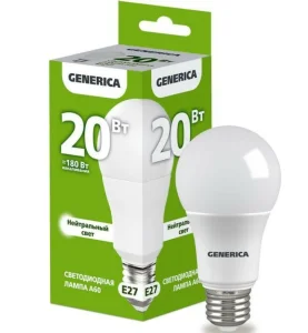Лампа светодиодная Е27 20W нейтральный свет 4000К A60 GENERICA LL-A60-20-230-40-E27-G (1647605)