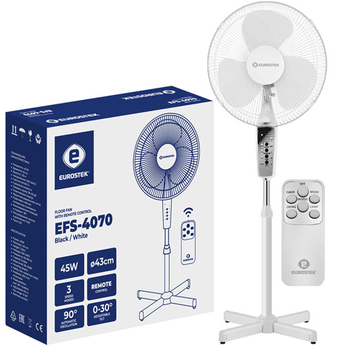 Вентилятор напольный 45Вт 3 скорости с ПДУ Eurostek EFS-4070 White 1/4